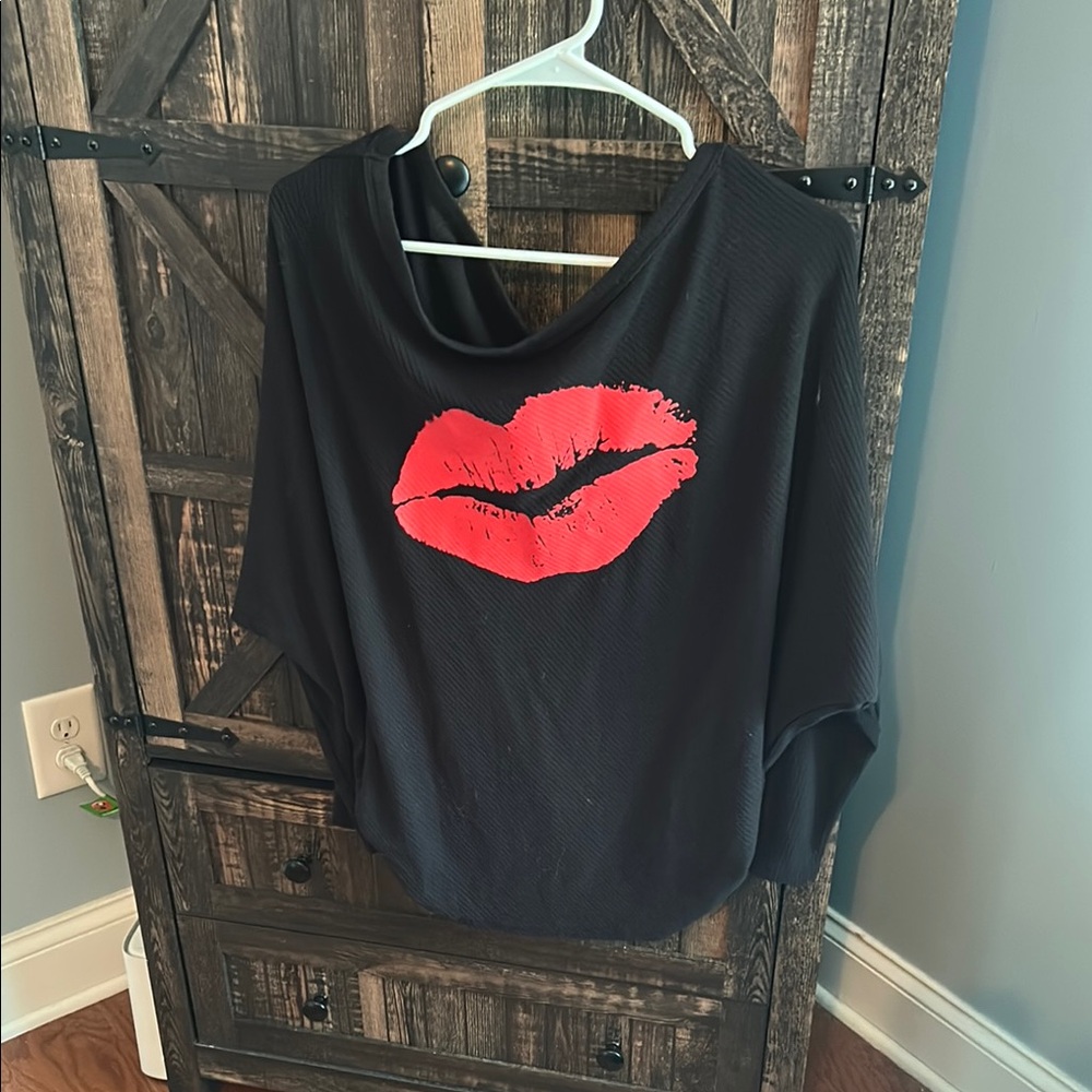 Black Top with Red Lip Print